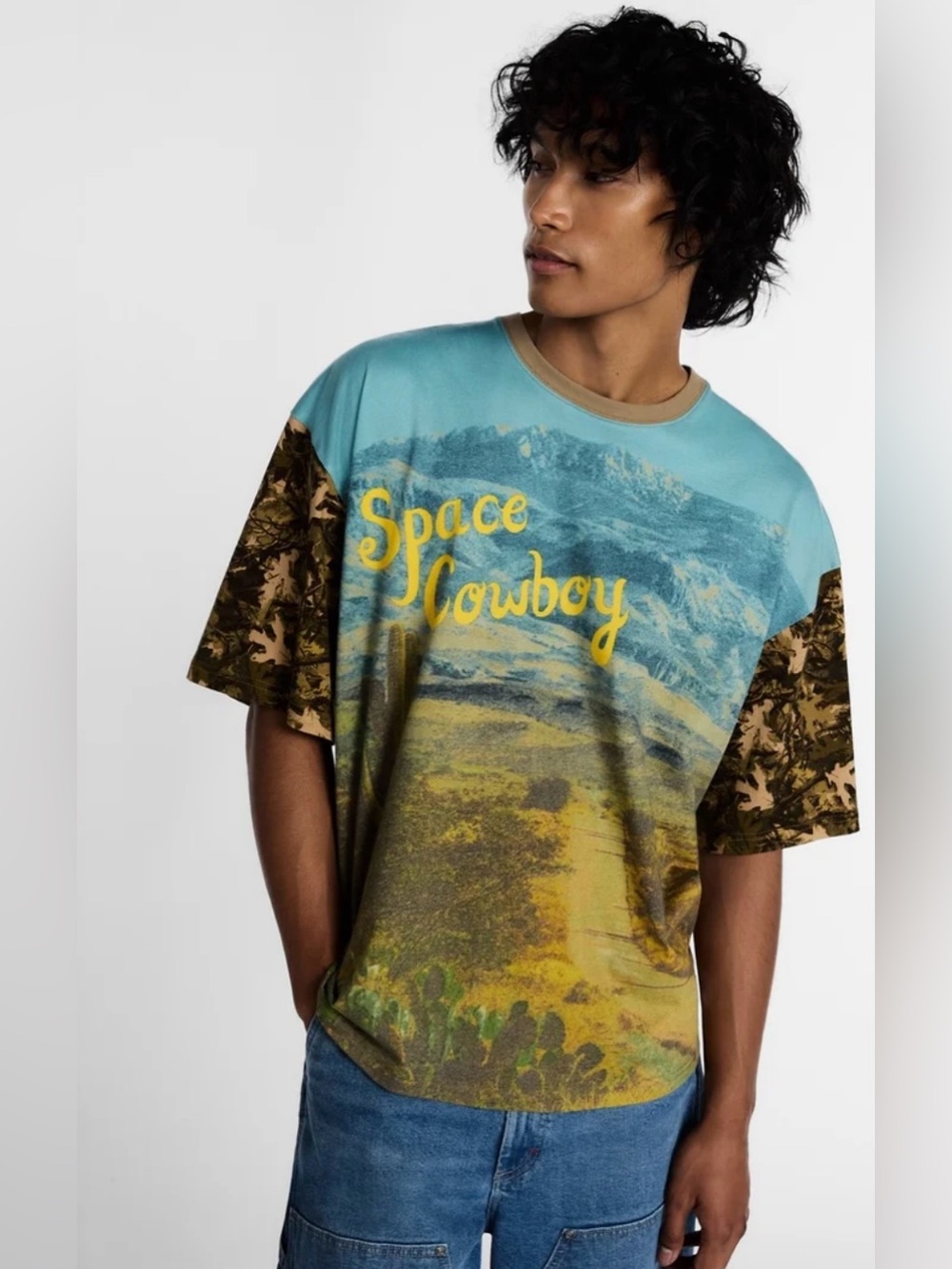 NWT Kacey Lee Space Cowboy Graphic Tee - Blue & Brown oversized cropped